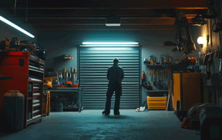 Garage door technician performing comprehensive maintenance check