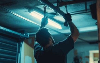 Garage door technician using sound meter to diagnose noisy garage door problems