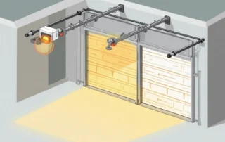 Garage door components including springs, cables, sensors, and opener mechanism that pose safety risks to children