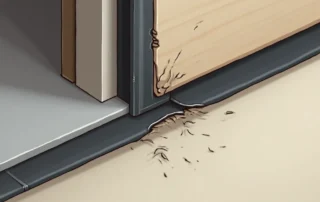 Damaged garage door weatherstripping with visible cracks and gaps along the bottom seal