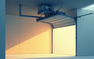 Garage door opener motor mounted on ceiling showing signs of wear and aging in residential garage setting