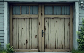 Wooden garage door panels showing warping, water stains, and mildew damage from Pacific Northwest humidity