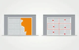 Garage door cross-section comparing single panel damage versus full door structural issues