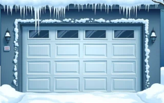 Garage door covered in ice, snow, and icicles showing winter weather damage to residential garage systems