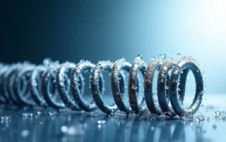 Metal spring with visible stress fractures and ice crystals showing temperature-induced fatigue damage