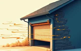 Garage door structure deforming under high wind pressure showing internal stress points and panel flexing