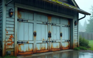 Garage door showing moisture damage, rust, and weathered components from prolonged rain exposure