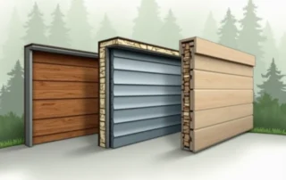 Cross-section comparison of wood, steel, and composite garage door materials showing internal structure