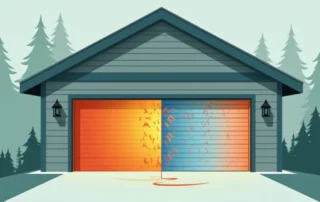 Cross-section view comparing heat loss through uninsulated versus insulated garage doors in cold weather
