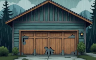 Garage door panels showing moisture damage and warping from Portland's humid climate