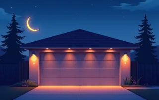 Modern garage door at dusk with integrated security lighting and sensor technology creating ambient glow