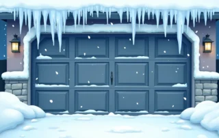 Garage door with heavy ice and snow buildup during severe winter storm conditions