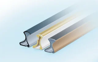 Cross-section comparison of three weatherstripping types showing rubber, vinyl, and foam material profiles