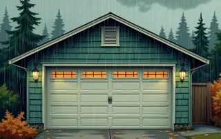 Garage door in rainy Pacific Northwest climate showing moisture exposure on door surface and spring mechanisms