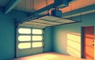 Garage door opener motor system with chain drive mechanism and sectional panels in residential garage interior