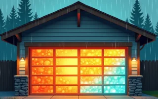 Cross-section showing heat retention through insulated garage door in Portland home during winter