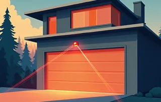 Garage door with photoelectric safety sensors emitting detection beams at the base to prevent accidents