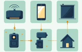 Six essential smart garage door opener features displayed in clean grid layout with modern icons and components