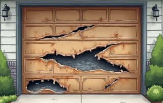 Damaged garage door showing rust, dents, misalignment, and worn weather stripping requiring emergency repair