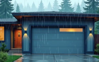 Steel garage door with water-resistant coating during Pacific Northwest rainfall