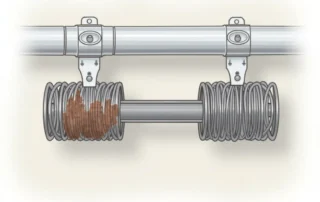 Close-up comparison of worn garage door spring with gaps versus intact spring with tight coils
