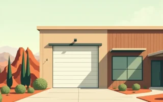 Commercial garage door on industrial building with Bend's high desert landscape and juniper trees in background