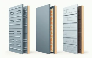 Three garage door panel cross-sections showing steel, aluminum, and composite material construction differences
