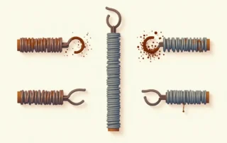 Five garage door springs showing different warning signs of wear including rust, gaps, and cable damage