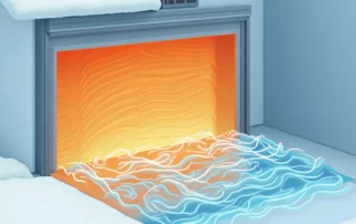 Cross-section of insulated garage door showing R-value layers blocking heat transfer in Pacific Northwest climate
