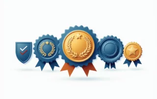 Five credential verification badges in blue and gold representing professional garage door repair certifications