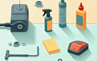Garage door opener maintenance tools including motor unit, lubricant, cleaning supplies, and adjustment equipment