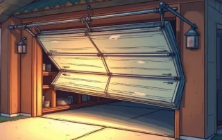 Garage door buckling under wind pressure showing interior mechanisms and structural damage from storm forces