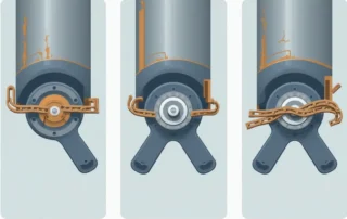 Three common garage door grinding noise sources: worn rollers, misaligned chain drive, and damaged gear assembly