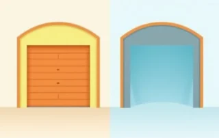 Cross-section comparison showing insulated garage door with layered material versus non-insulated hollow door structure