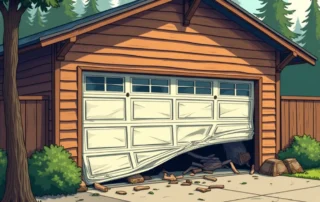 Residential garage door with dented panels, misaligned sections, and track damage from wind impact