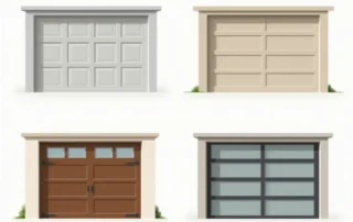 Four garage door material styles showing traditional panel, modern flush, carriage house, and glass designs