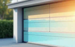Cross-section of insulated garage door showing multi-layer construction with thermal properties visualization