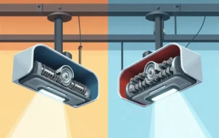 Chain drive and belt drive garage door opener mechanisms shown in side-by-side cutaway comparison