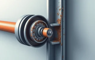 Cross-section view of worn garage door rollers showing deteriorated bearing surfaces and metal components