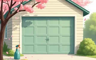 Residential garage door with spring maintenance tools and blooming cherry blossoms in Eugene-Springfield area