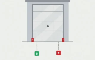 Garage door safety sensors showing misalignment at base of door frame with visible positioning offset