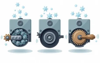 Three garage door opener mechanisms shown in cross-section: chain-drive, belt-drive, and screw-drive systems