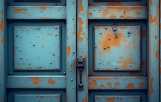 Garage door materials showing moisture damage including rust spots on metal and warped wood grain from rain exposure