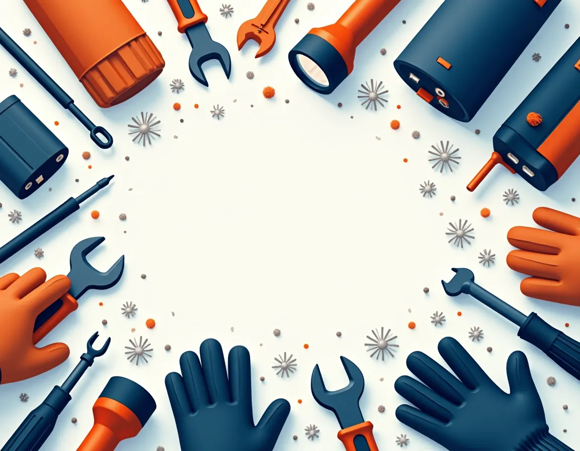 Emergency supplies for winter garage door maintenance including batteries, tools, and cold weather gear