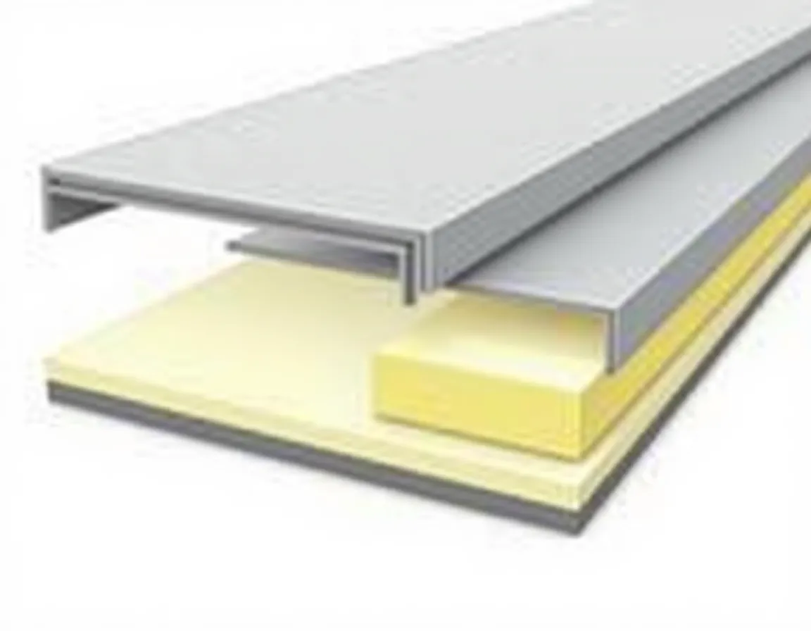 Cross-section of insulated garage door panel showing foam core between steel layers