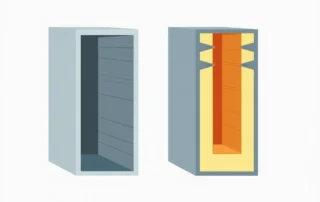 Cross-section comparing hollow and foam-filled garage door panel construction showing layer differences