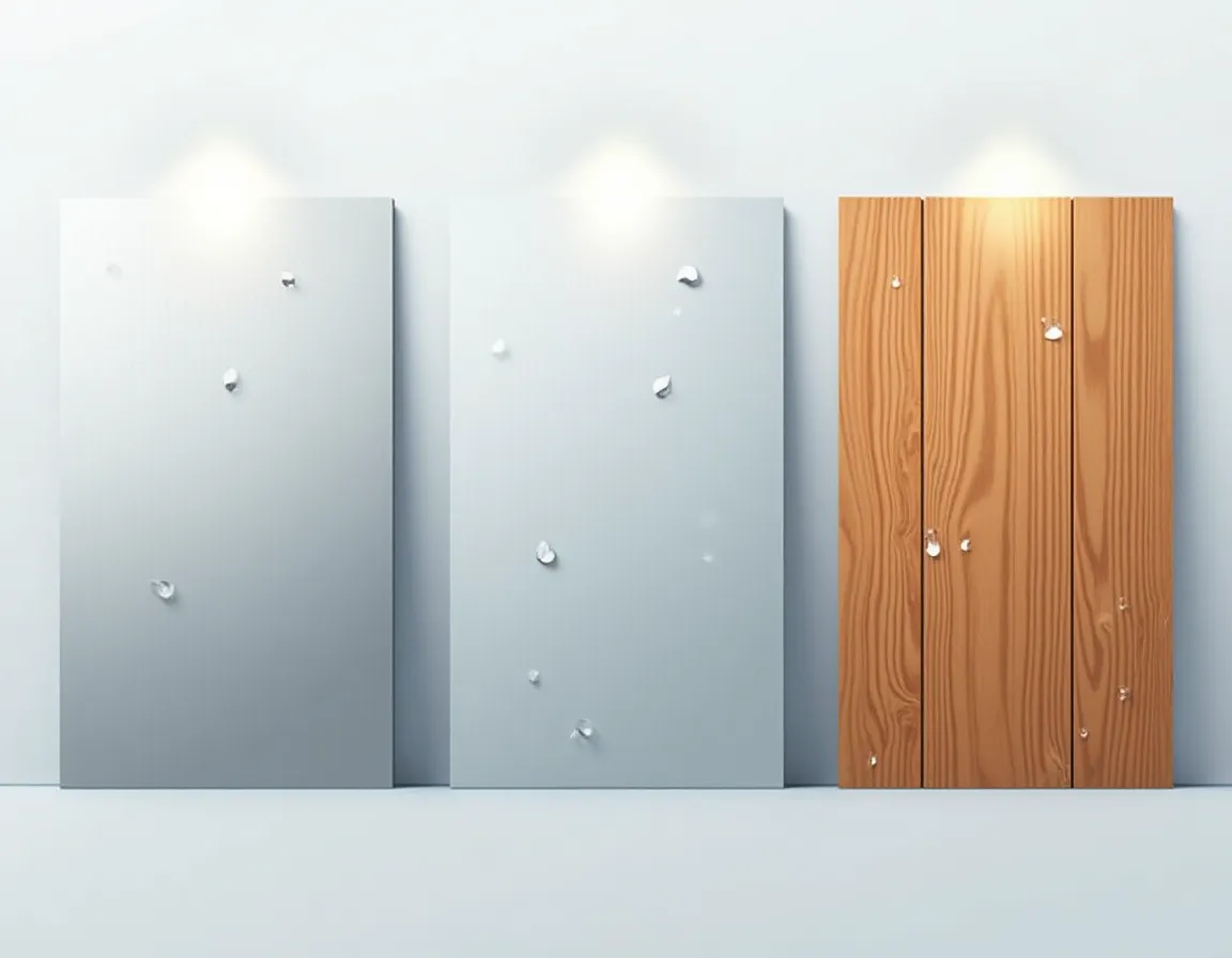 Three garage door material samples showing steel, aluminum, and composite with water droplets on surfaces