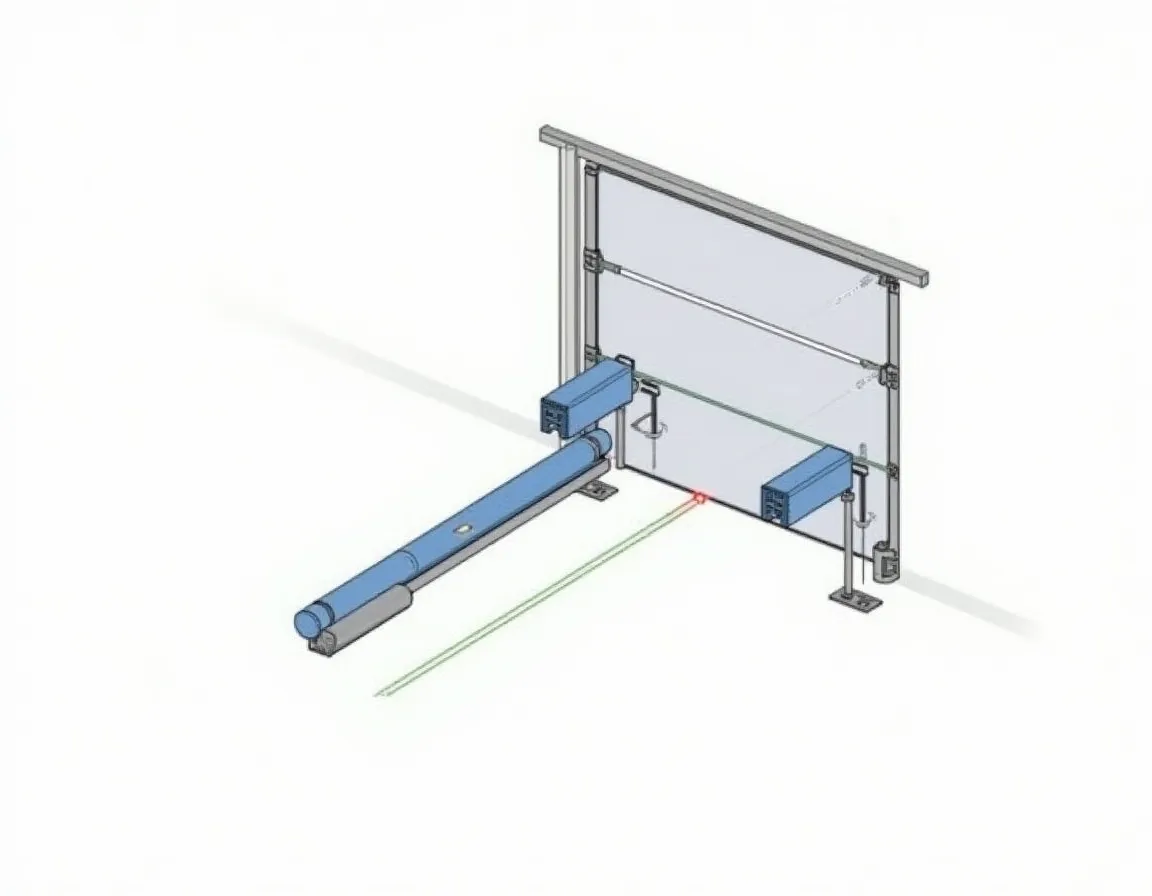 Cross-section diagram of garage door safety sensors mounted on door rails showing proper alignment and positioning