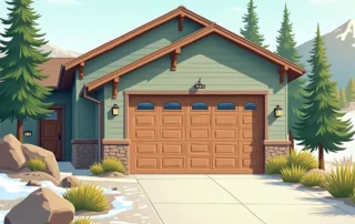 Garage door on Central Oregon home surrounded by pine trees and high-desert landscape during spring season