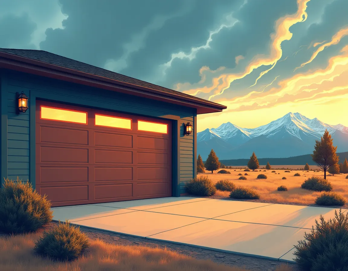 Garage door weathering spring storm conditions in Central Oregon high desert with mountains in background
